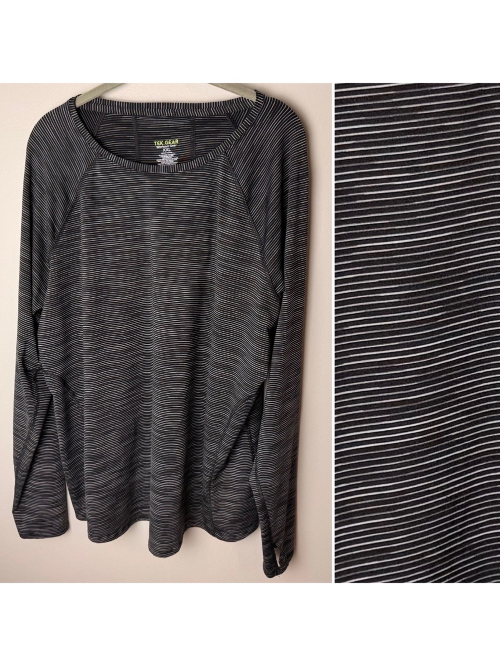 Tek Gear Workout Top Plus Size XXL 2XL Black Gray Stripes Long Sleeves Stretch